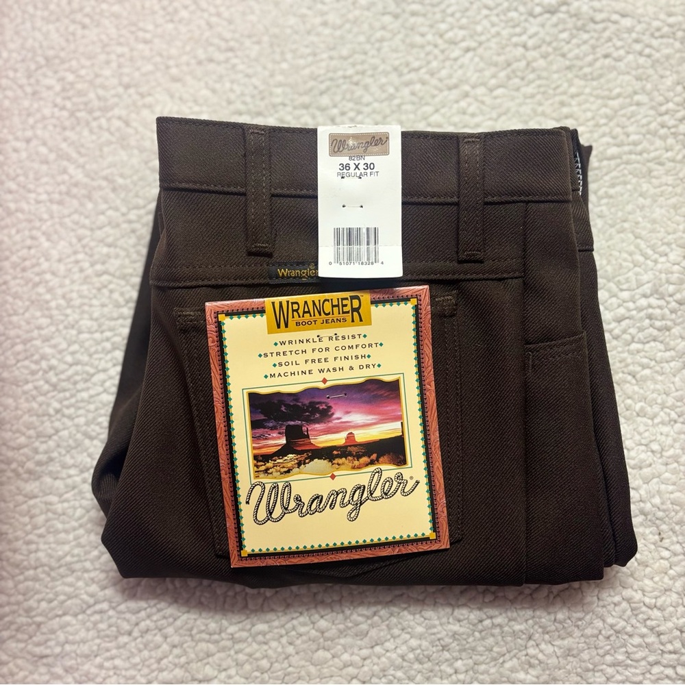 NWT 2000s Wrangler Dress Jean Boot Cut 36x30 Dark Brown Made in Mexico Y2K